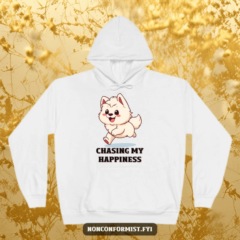 Funny Hoodie: A fluffy dog character in a happy, dizzy spin, enthusiastically chasing its tail with a wide, infectious grin.