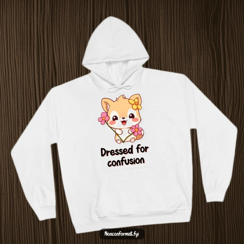 Funny Hoodie: A fluffy animal character comically sporting a flower on its ear, looking slightly perplexed, perfect for cozy humor.