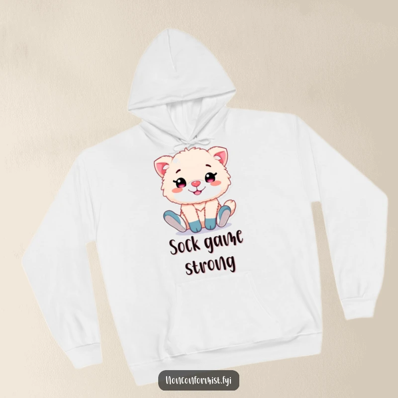 Funny hoodie showing a cute, fluffy animal character with a proud smile, wearing distinctly mismatched socks, exuding playful confidence.