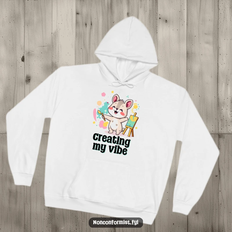 Funny hoodie showing an animal character joyfully painting an abstract pattern, splattered with paint, radiating artistic excitement and happiness.
