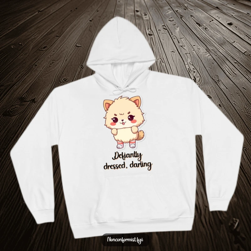 Funny Hoodie: Cozy fluffy animal wearing odd socks, looking defiantly proud and humorous.