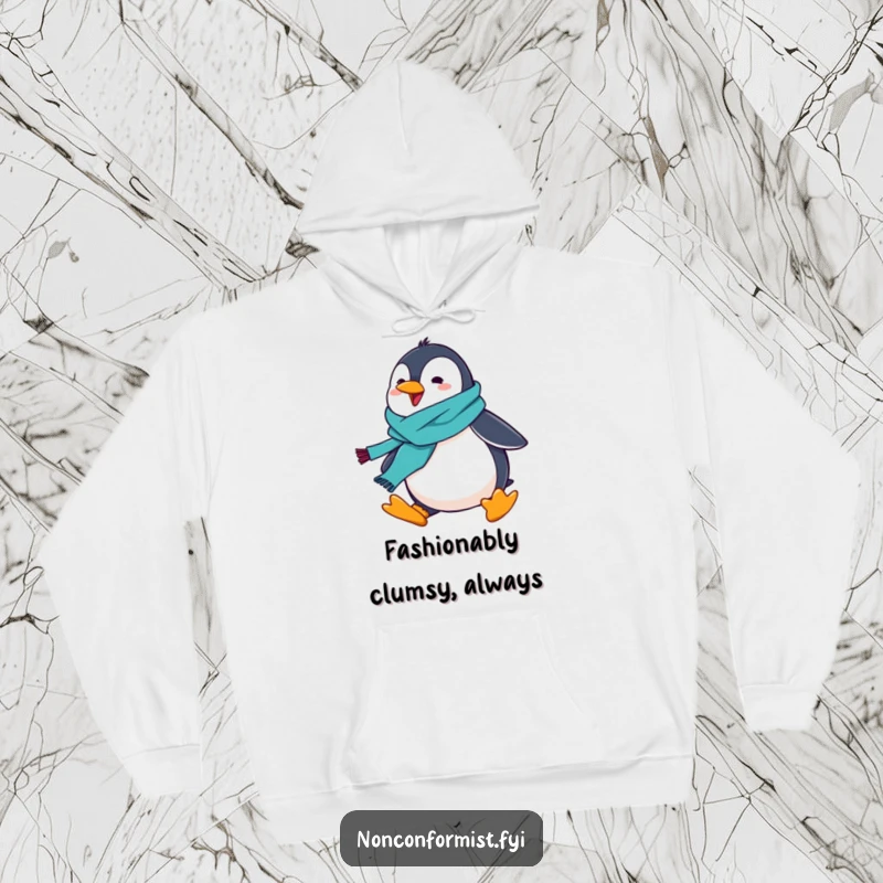 Funny penguin in a vibrant scarf, comically tripping, soft hoodie print, conveying pure amusement.