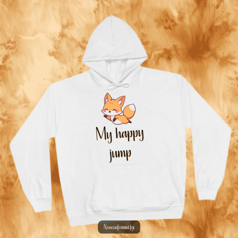 Funny fox character on a hoodie, joyfully leaping over a straight line, exuding freedom and playful rebellion.