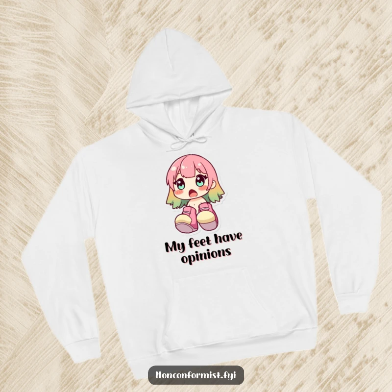 Funny Hoodie featuring a surprised character wearing huge, brightly colored shoes. Cozy, humorous, and a great funny gift pair.
