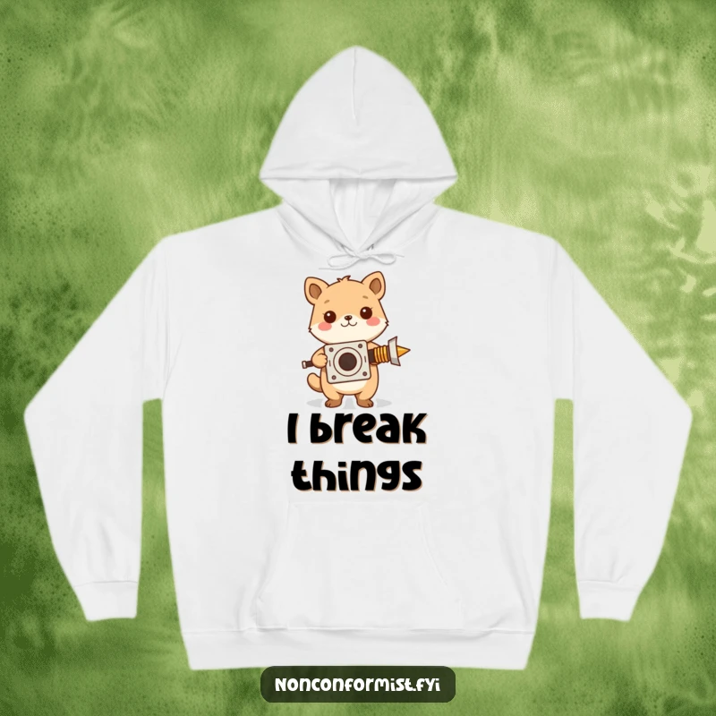 Funny hoodie featuring a cute rabbit character proudly presenting a bizarre, homemade invention, symbolizing inventive spirit.