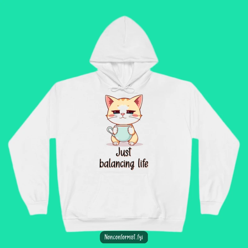 Funny Cat Teacup Balance Hoodie: Cozy Up with Hilarious Feline Focus