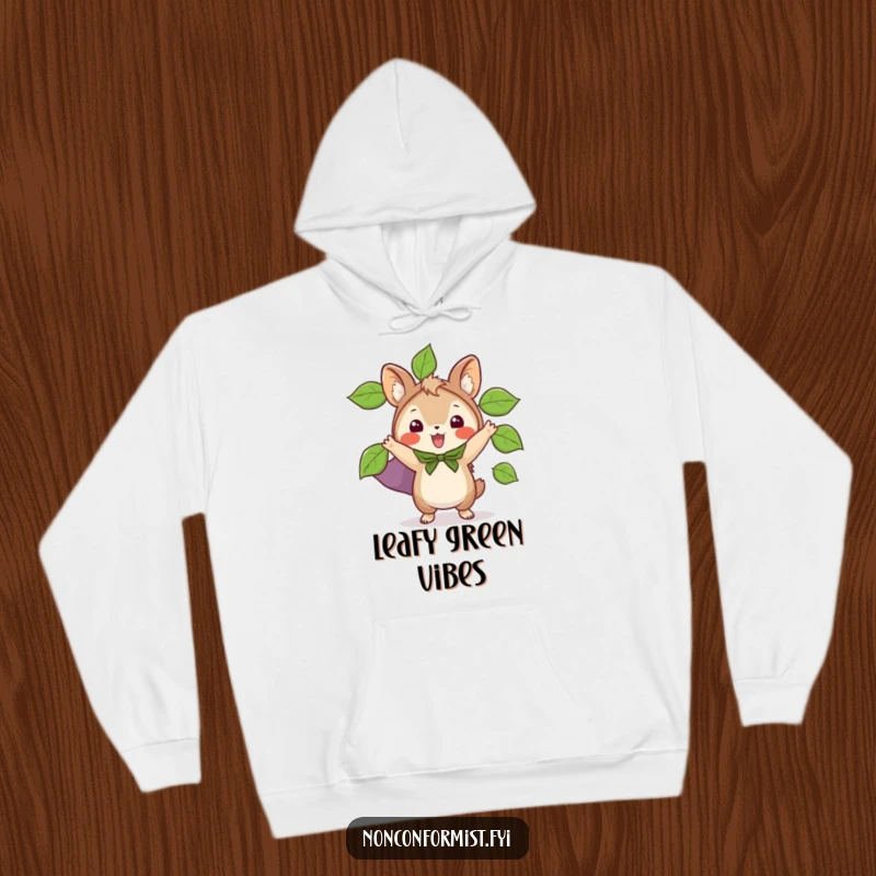Funny hoodie with a small animal character proudly wearing a cape made of leaves, looking ready for exciting outdoor missions.