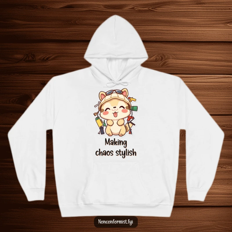 Funny Hoodie depicting a playful animal with its tongue out, building with unconventional materials. Cozy and humorous funny gift.