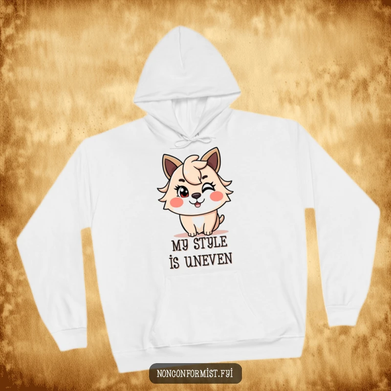 Funny Hoodie featuring a cheerful animal winking mischievously and sporting an asymmetrical haircut. Cozy and humorous funny gift.