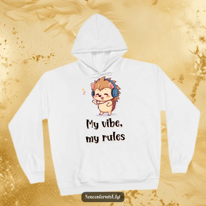Funny Hedgehog Hoodie: A playful hedgehog wearing headphones, dancing to unheard music, offering cozy musical vibes.