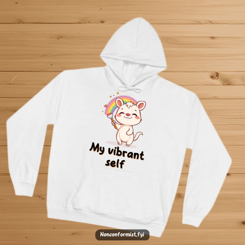 Funny Hoodie: A silly-grinning animal artistically paints a lively rainbow, transforming a drab grey wall into a masterpiece.