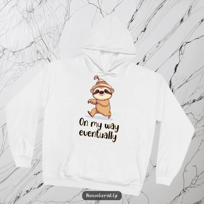 Soft hoodie featuring a funny sloth with a lopsided hat, comically speed walking away.