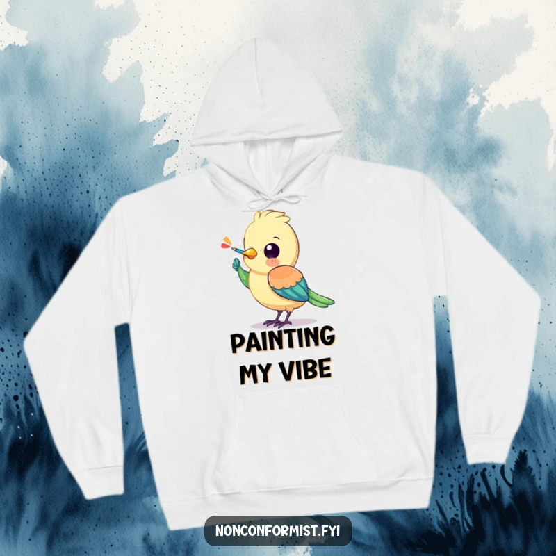Funny bird hoodie with a colorful character painting a stripe onto its own wing, symbolizing creative passion and comfort.