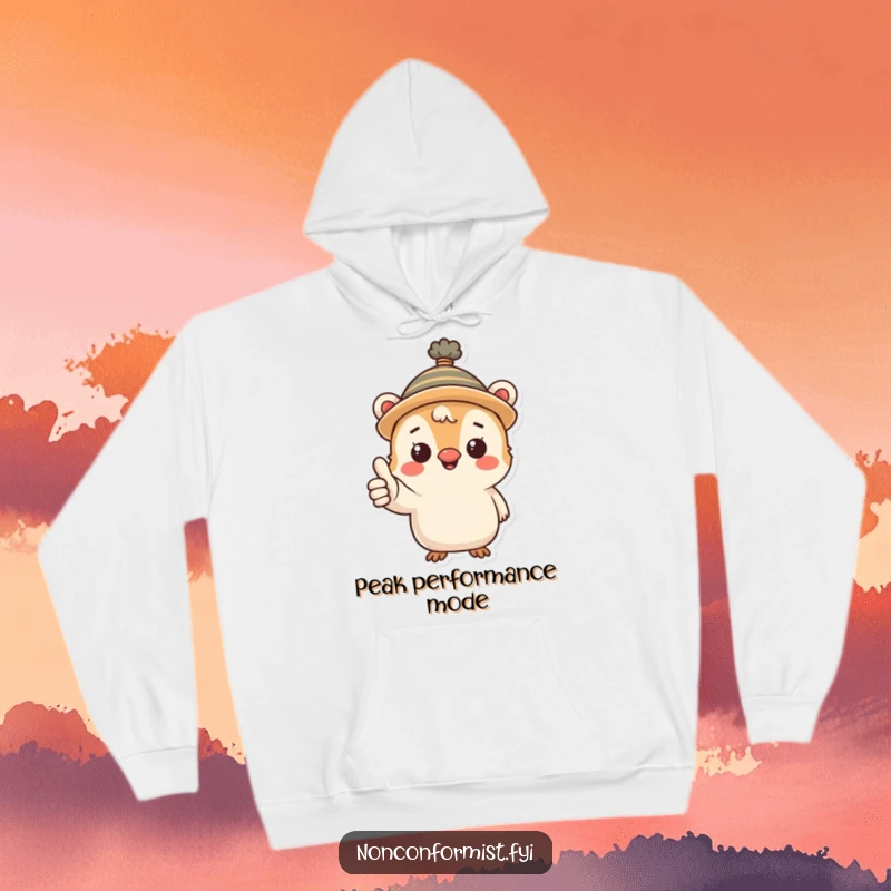 Funny hoodie featuring a cute creature wearing a funny hat and giving a cheerful thumbs up, radiating warmth and happiness.