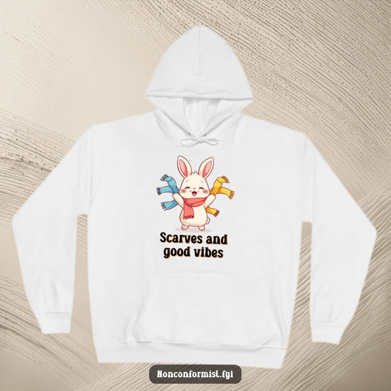 Funny hoodie with a fluffy rabbit character joyfully juggling colorful scarves, offering warmth and a vibrant, happy display.