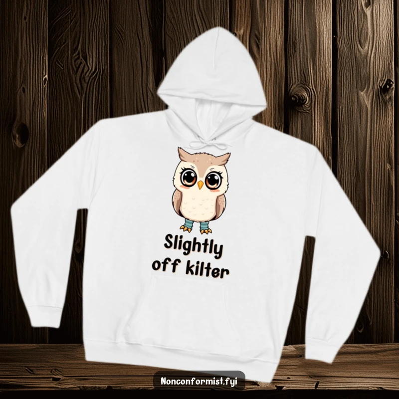 Funny owl hoodie showing a cute owl with mismatched socks, looking puzzled, ideal for cozy humor.