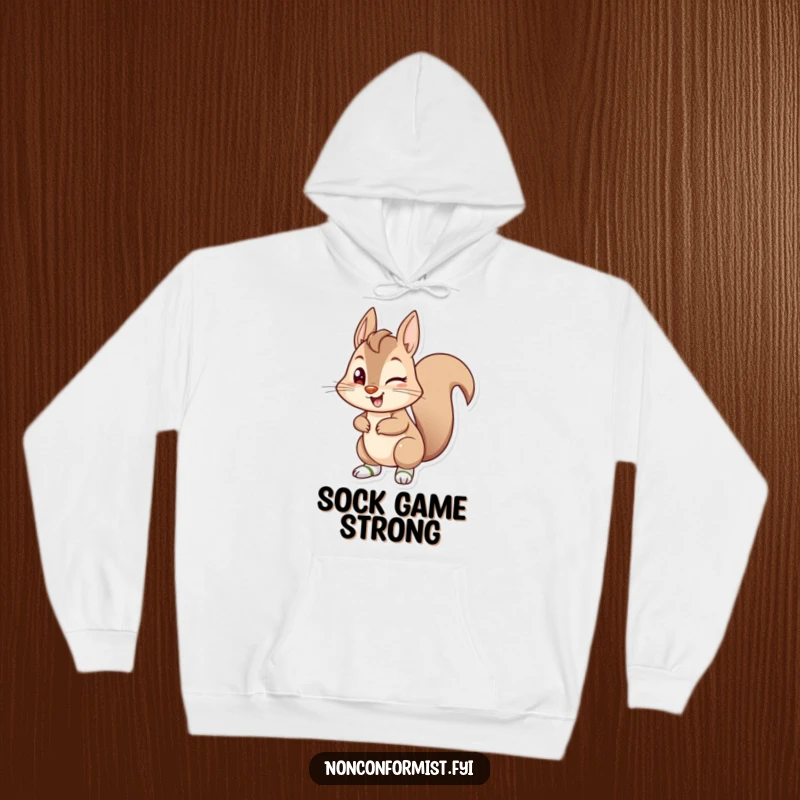 Funny mischievous squirrel winking and wearing mismatched socks on this soft and warm hooded sweatshirt.