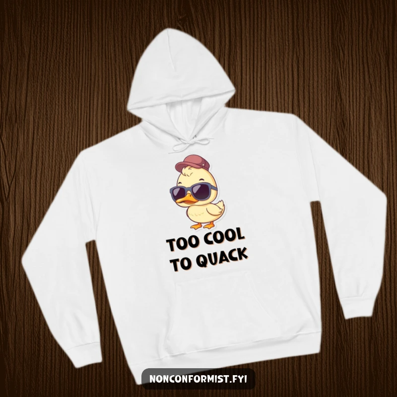 Funny Duck Hoodie: A cool duck wearing oversized sunglasses and a jaunty cap, providing cozy humor and a great funny gift.
