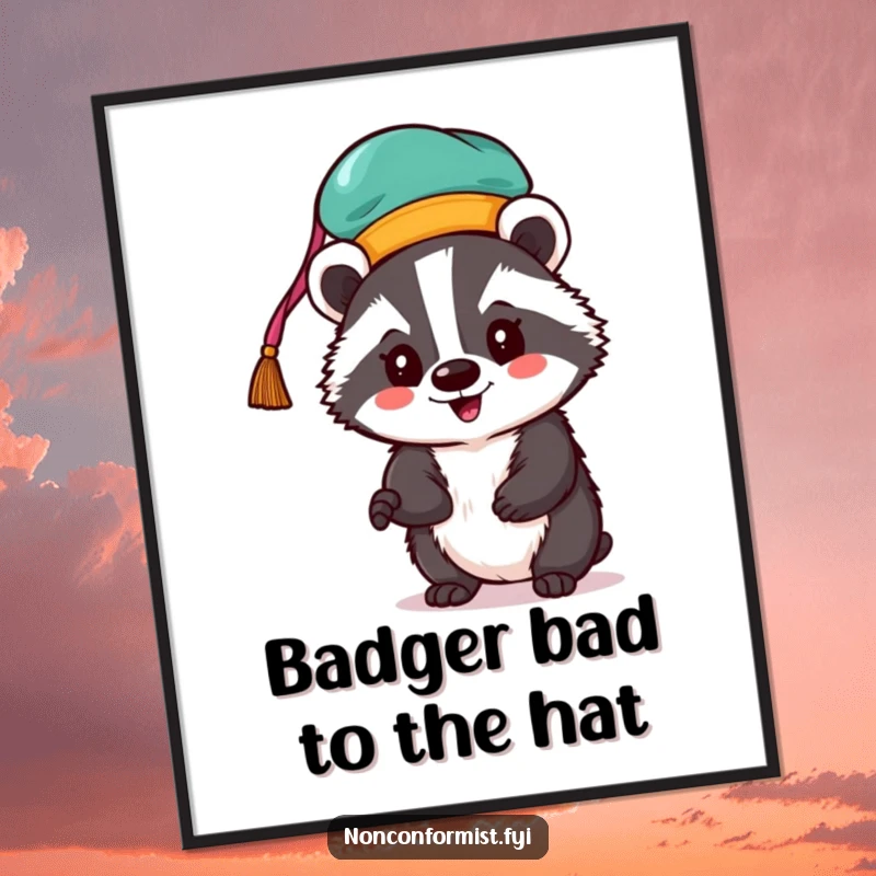 Funny free printable wall art: A badger joyfully sports a wildly colorful and uniquely shaped hat.