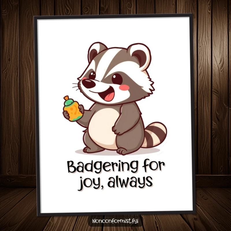 Funny Free Printable Wall Art: an excited badger bounces gleefully, holding a brightly colored, unusual object.
