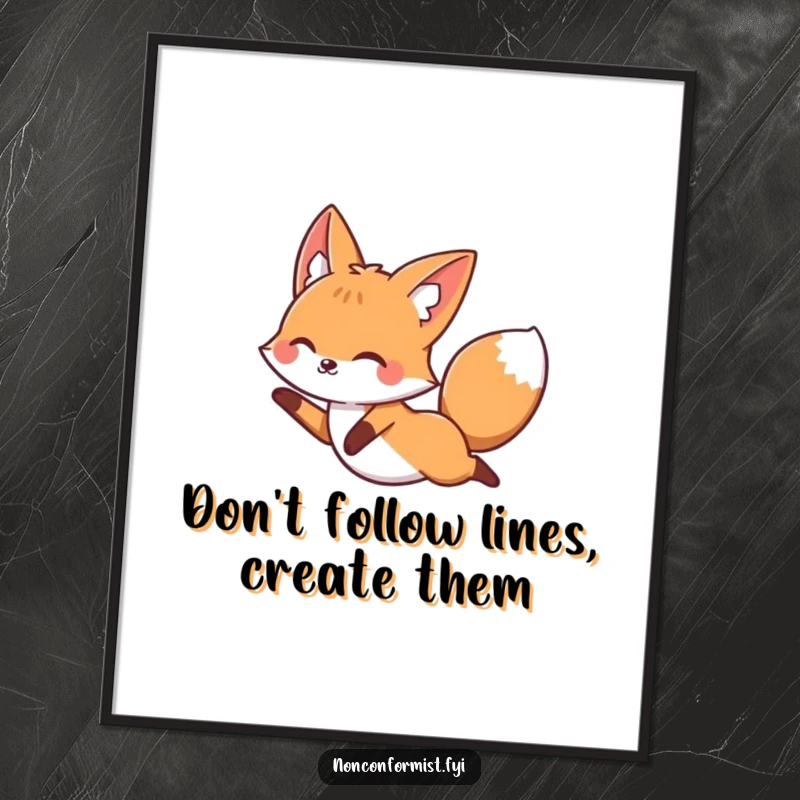 Funny Free Printable Wall Art: An energetic fox mid-leap, soaring joyfully over a perfectly straight, rigid line, embodying freedom and fun.