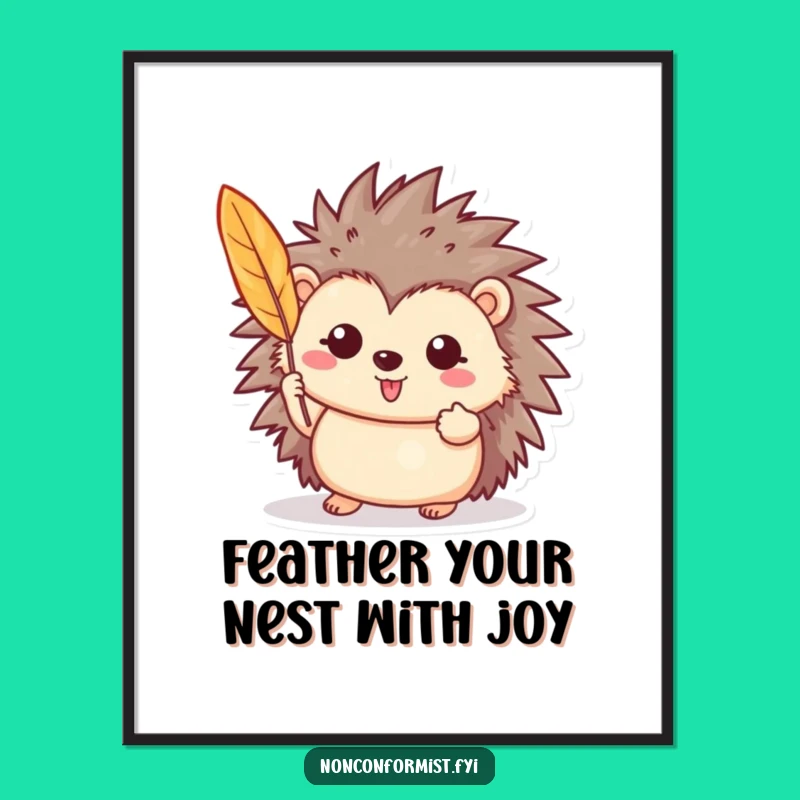 Funny Free Printable Wall Art: Hedgehog with Feather - Whimsical Downloadable Decor