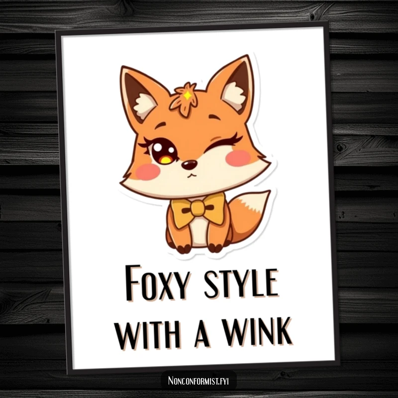 Funny free printable wall art: A smooth fox winks cheekily, its bow tie slightly crooked.