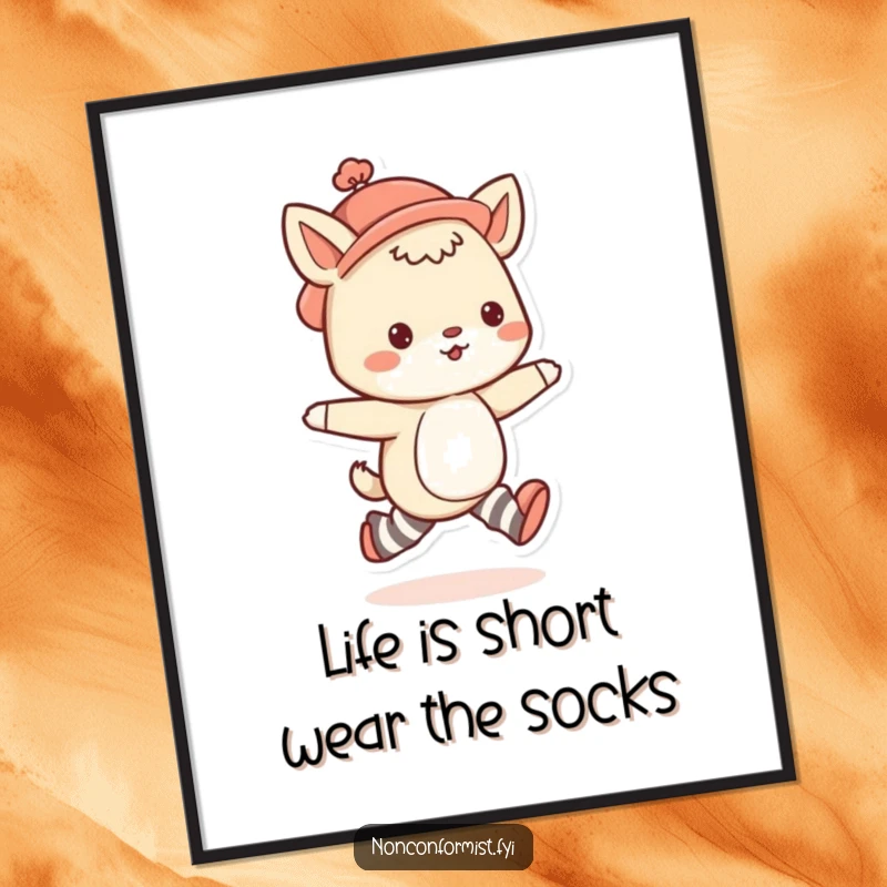 Funny Free Printable Animal Wall Art: Cute animal in mismatched socks & quirky hat, skipping with joy.