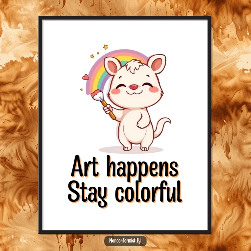 Funny Free Printable Wall Art: A happy animal with a wide grin proudly paints a vibrant rainbow onto a grey wall.