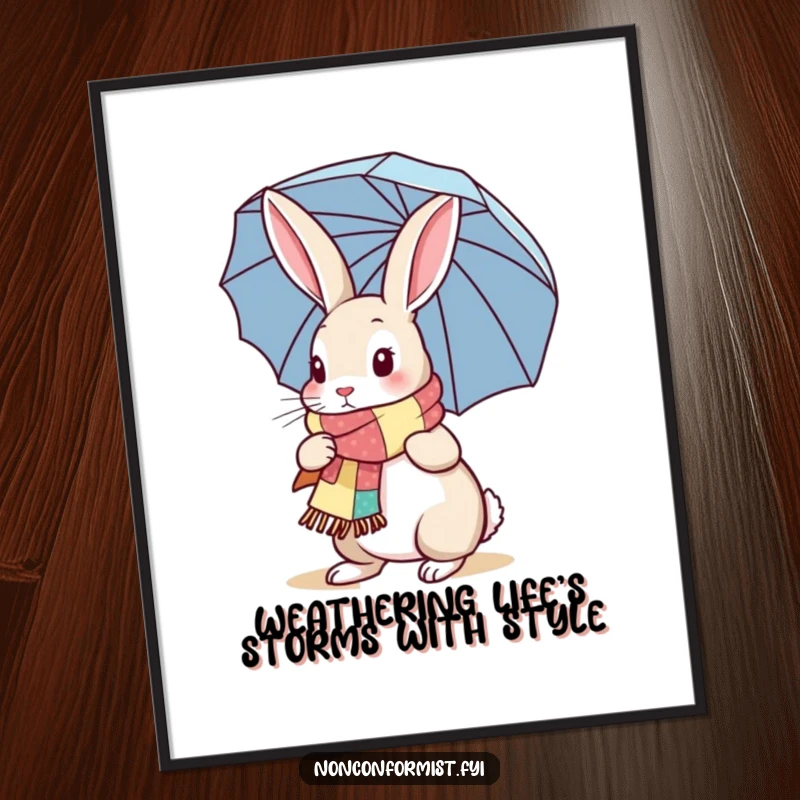 Funny Free Printable Wall Art Poster: Rabbit wearing patchwork scarf, carrying umbrella, whimsical decor, downloadable art.