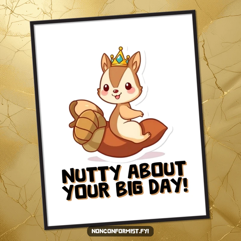 Funny free printable wall art: a mischievous squirrel king in a tiny crown rides a rolling acorn down a hill.