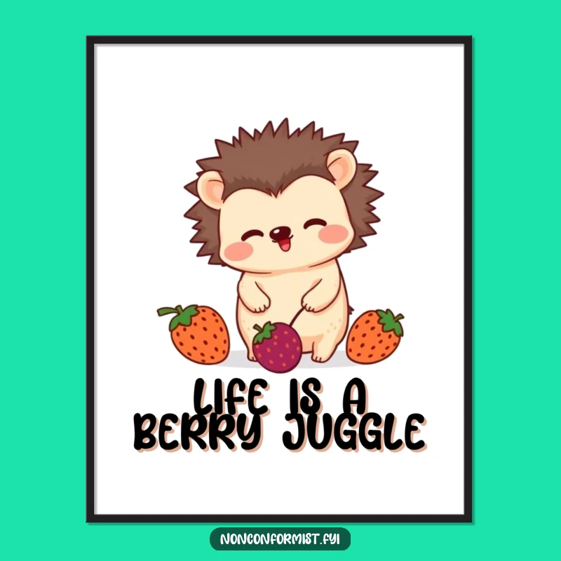 Free Printable Wall Art: Juggling Hedgehog Berries, Funny Quirky Downloadable Art