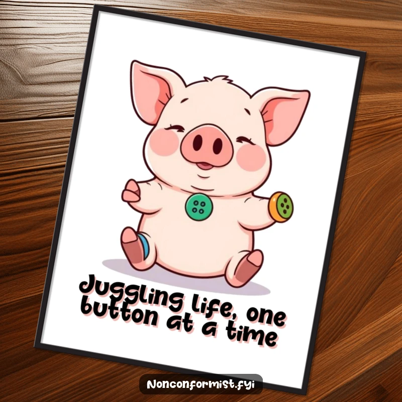 Funny Free Printable Wall Art: A pig comically juggling three tiny, mismatched buttons with great effort.
