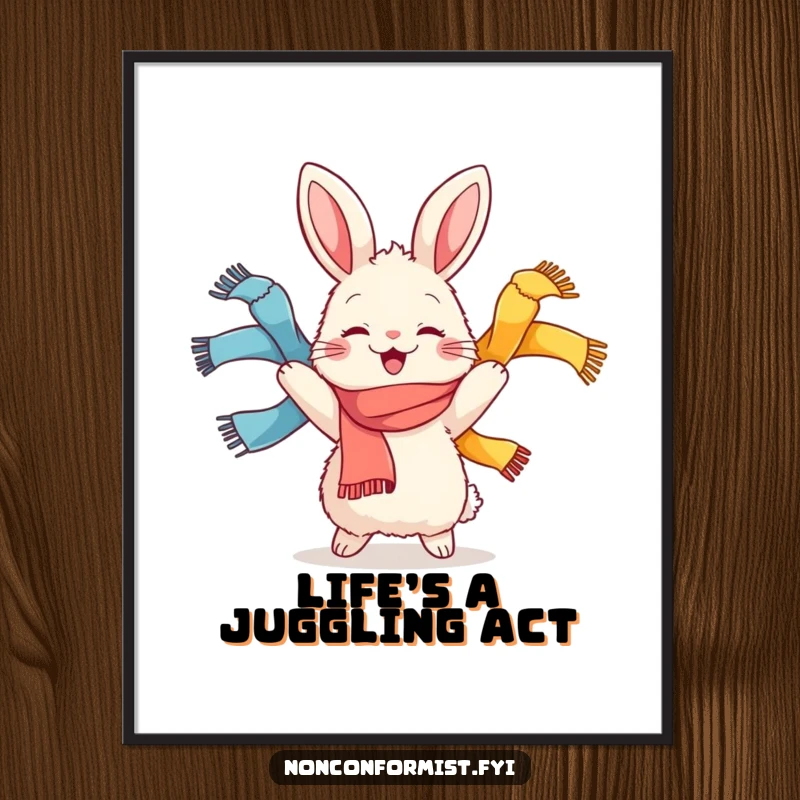 Funny Free Printable Wall Art: A fluffy rabbit joyfully juggles three colorful scarves, pure downloadable happiness.