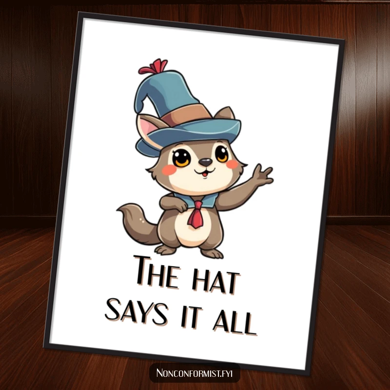 Funny Free Printable Wall Art: Quirky animal character strikes a dramatic pose while wearing a highly eccentric hat.