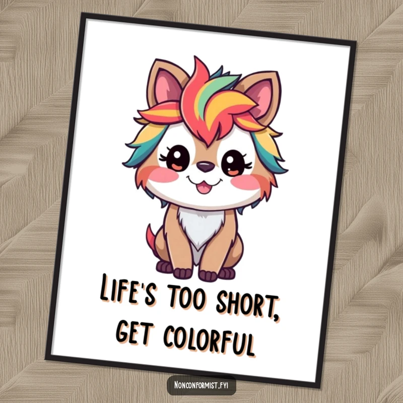 Funny Free Printable Wall Art: A smiling animal character with electric, colorful streaks in its fur.