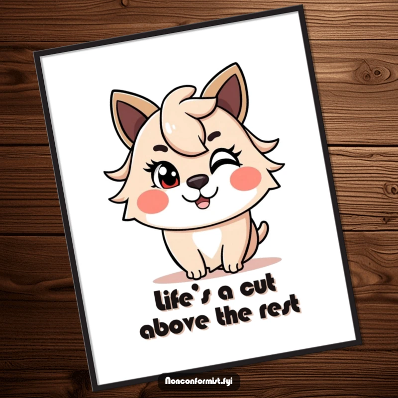 Funny Free Printable Wall Art: Cheerful animal with a mischievous wink, unique asymmetrical haircut, whimsical downloadable art.