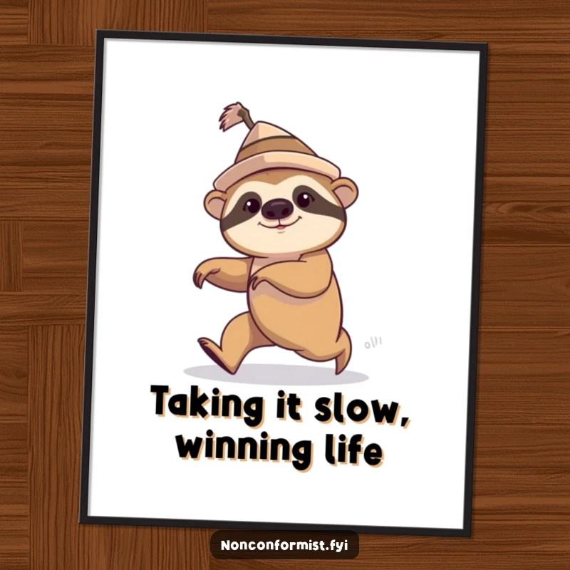 Funny Free Printable Wall Art: A quirky sloth in a lopsided hat comically attempts to speed walk, adding humor to decor.