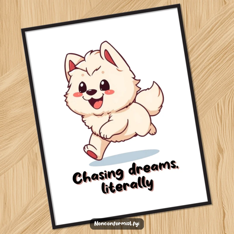 Funny Free Printable Wall Art: Goofy dog enthusiastically chasing its tail, a hilarious and charming piece of downloadable decor.