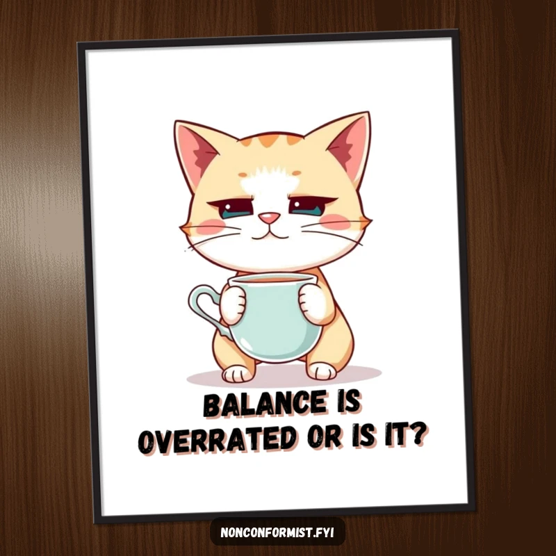 Funny free printable wall art of a quirky cat balancing a teacup on its nose with extreme concentration.