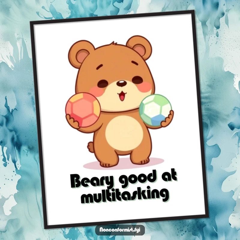 Funny Free Printable Wall Art: A charmingly clumsy bear enthusiastically attempting to juggle three different colored balls, looking endearingly determined.