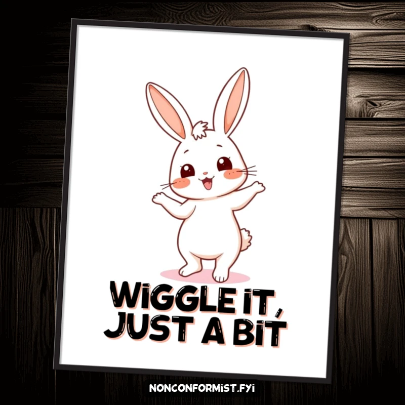 Funny Free Printable Wall Art: Cute bunny performing a silly dance, its mismatched ears adding to the charm.
