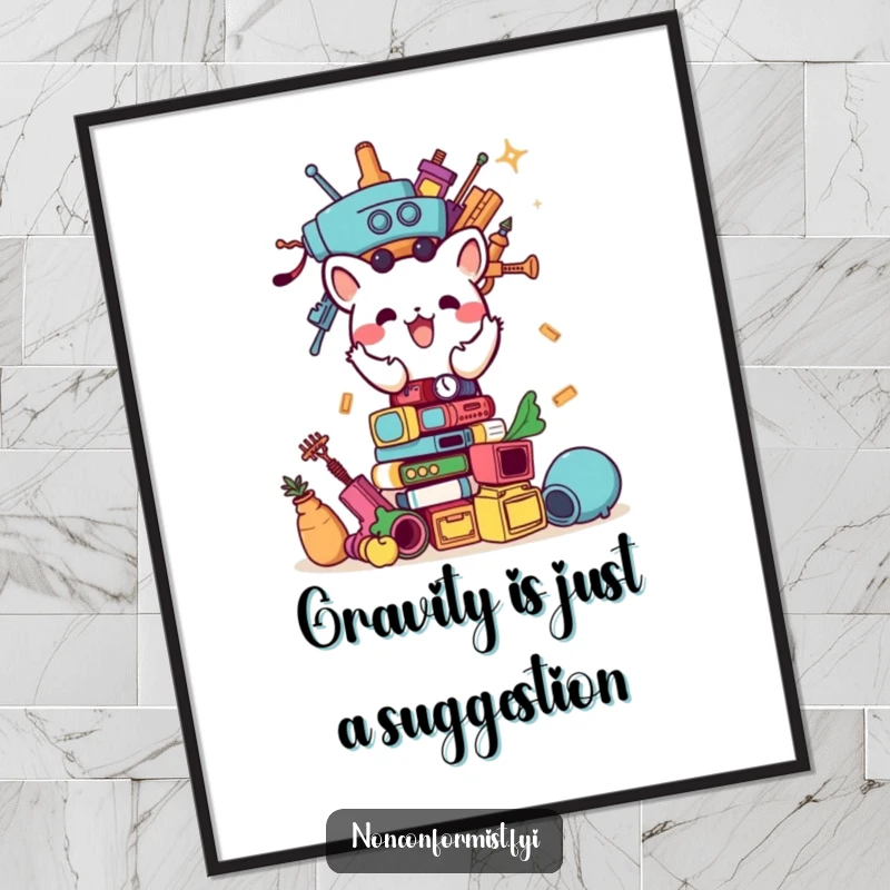 Funny Free Printable Wall Art: Amusing animal energetically constructing a towering pile of bizarre objects with glee.