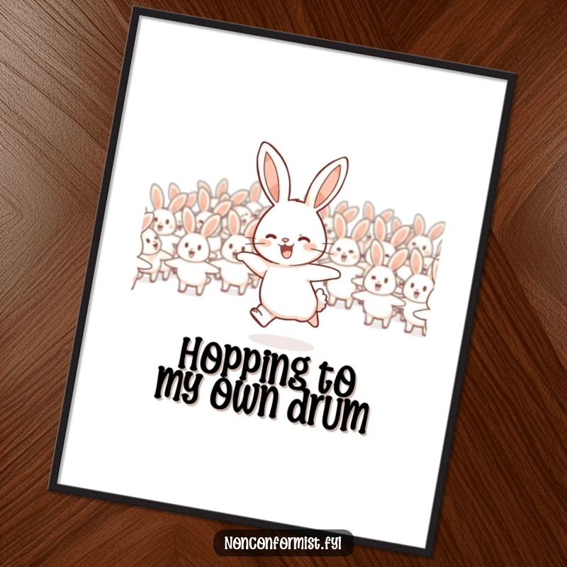 Funny free printable wall art: A cheerful rabbit hops joyfully away from a conforming flock.