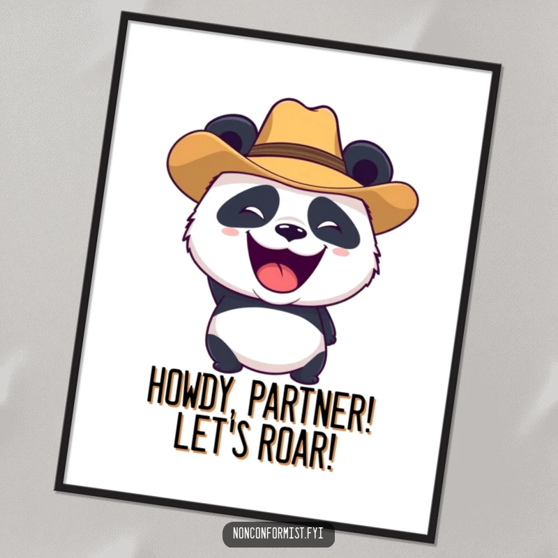 Funny free printable wall art: Smiling panda wearing a cowboy hat, roaring playfully, western theme.
