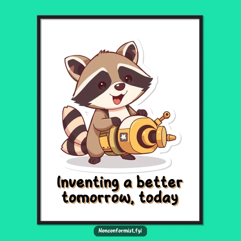 Funny Free Printable Wall Art: Raccoon Builds Weird Thing - Quirky Downloadable Decor