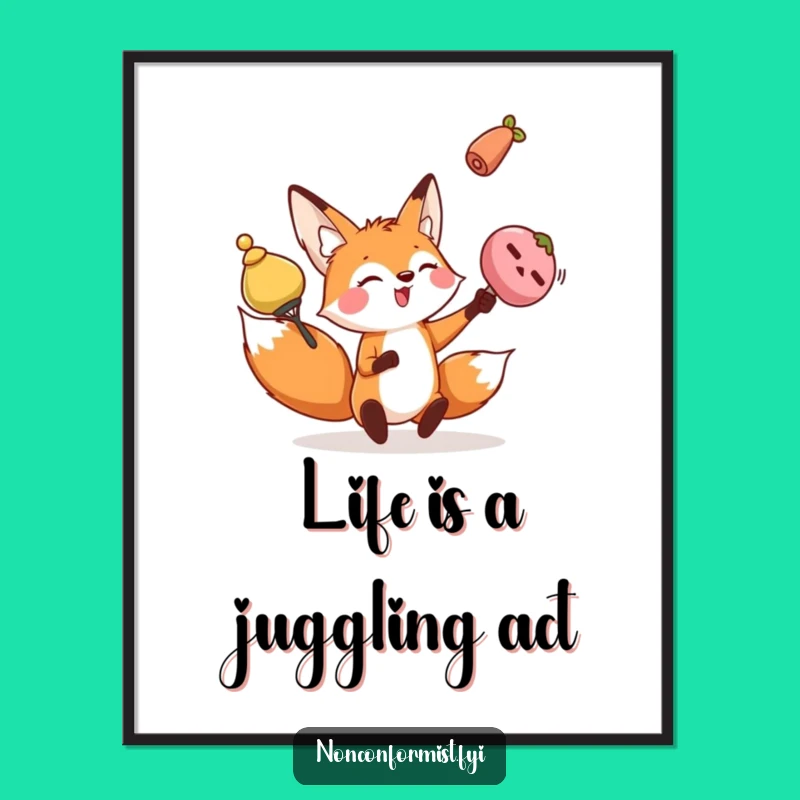 Free Printable Fox Wall Art: Juggling character, perfect funny downloadable gift for quirky decor.