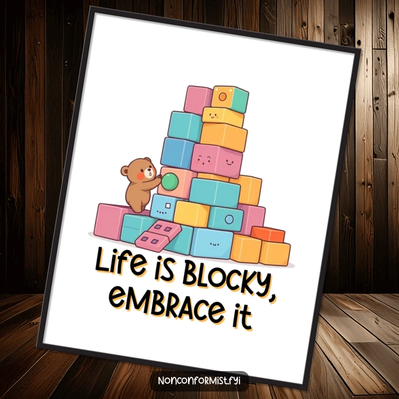 Funny Free Printable Wall Art: Small bear building a colorful, lopsided block tower, delightful and unique decor.