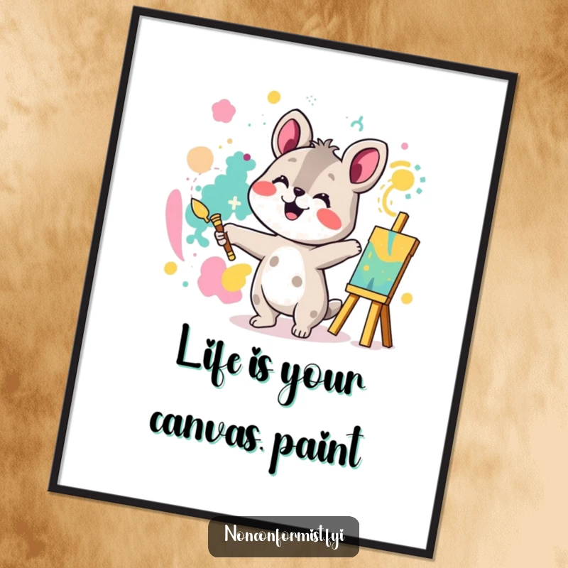 Funny Free Printable Wall Art: Animal character joyfully paints a vibrant, abstract pattern, adding artistic humor to any room.