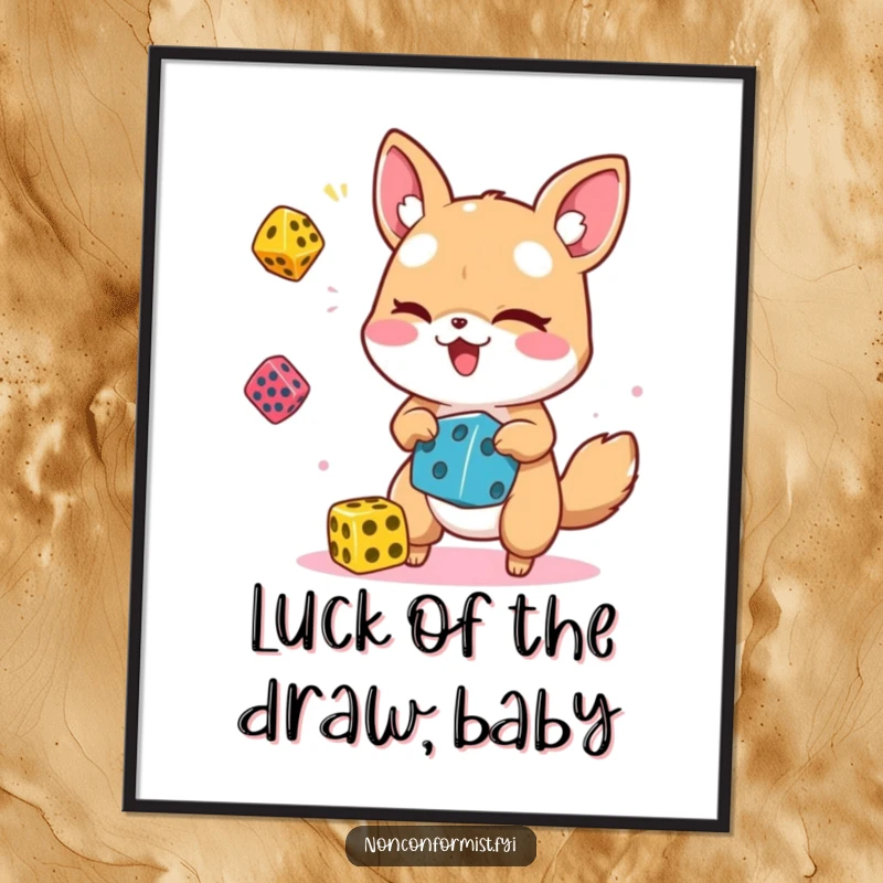 Funny Free Printable Wall Art: Playful animal character winks while expertly juggling colorful dice, a whimsical decor piece.